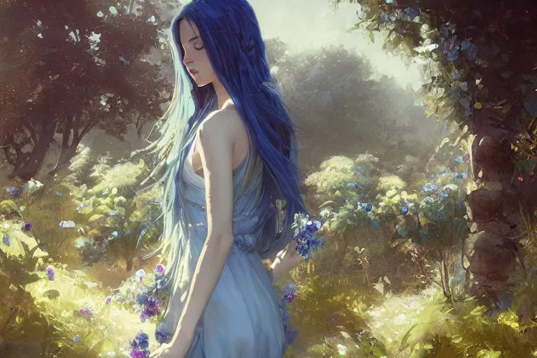Image similar to a beautiful painting of blue roses garden, girl, by greg rutkowski, trending on artstation