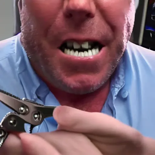 Image similar to alex jones pulling his own teeth out with a pair of pliers, 4k hyperrealistic