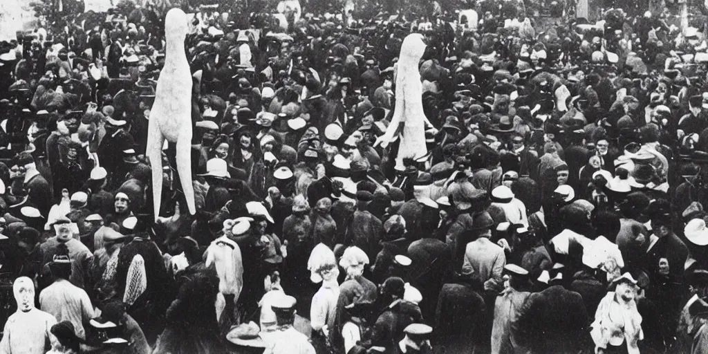 Image similar to scary unproportionable tall ghost creature in the middle of a crowd, 1900s picture