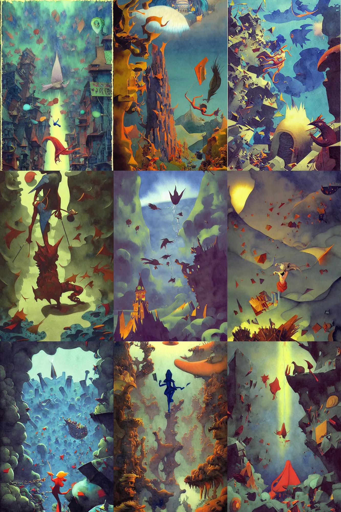 Prompt: dixit card, strange place, giant, spiked club, spikes, birds, fish and chips, focal point, character transforming, dark fantasy, intricate, orthographic, amazing composition, colorful watercolor, by ruan jia, by maxfield parrish, by shaun tan, by nc wyeth, by michael whelan, by escher, illustration, gravity rush, volumetric, blue, green