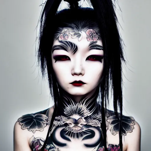 Image similar to japanese gothic model with maximalist hair style and kanji tattoos, dark colors, fashion model, portrait shot, depth of field, 8 k, hyper detailed, intricate, trending on artstation