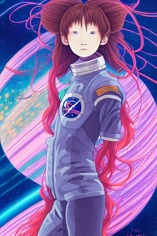 Prompt: portrait of a young astronaut girl waiting in a space station,long flowing hair, last exile, yoshitoshi abe, art deco, loish, murata range, synthwave, cosmic, studio lighting, manga, anime, vibrant colors, beautiful, dreamy, gradation, gustav klimt, makoto shinkai, detailed, ((space nebula background))