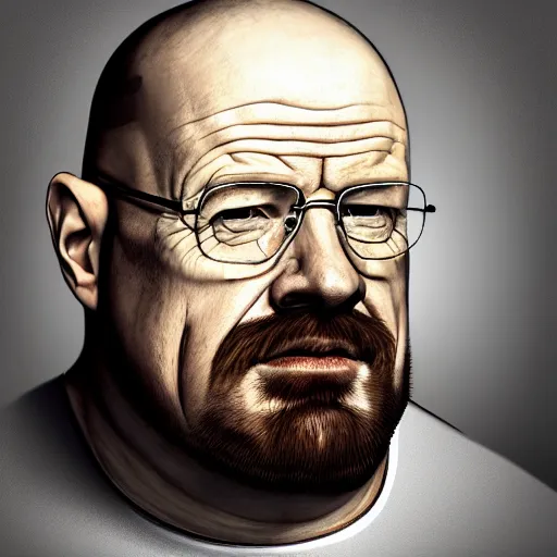 Image similar to photo portrait of a morbidly obsee walter white with a beard, morbidly obese, realistic, hyperrealistic, 8 k resolution, hd quality, very detailed, highly detailed, intricate details, real life, real world, trending on artstation, digital art, really realistic, very realistic, headshot, head in frame, photograph, portrait