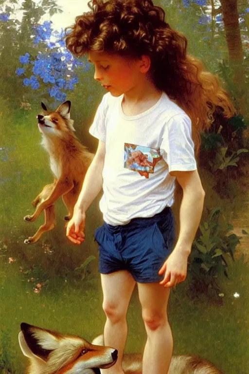 Image similar to a seven - year old with long curly dirty blonde hair, blue eyes, tan skin a tee shirt and shorts, playing with foxes, painting by daniel gerhartz, alphonse mucha, bouguereau, detailed art, artstation