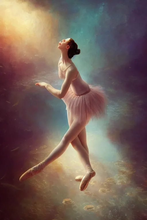 Image similar to stunningly beautiful, ballerina at the bottom of the great barrier reef, smooth, focus, highly detailed, hyper realistic, dramatic lighting, intricate, concept art, art by wlop, mars ravelo