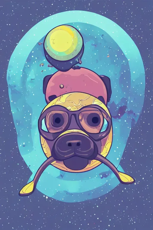 Prompt: planet pug floating in space, art by iktor miller gausa, sticker, colorful, illustration, highly detailed, simple, smooth and clean vector curves, no jagged lines, vector art, smooth