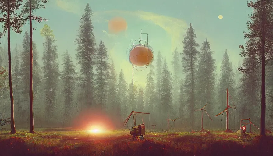 Image similar to communication dish in the foreground, sun in the sky, early morning, forest in the background, simon stalenhag