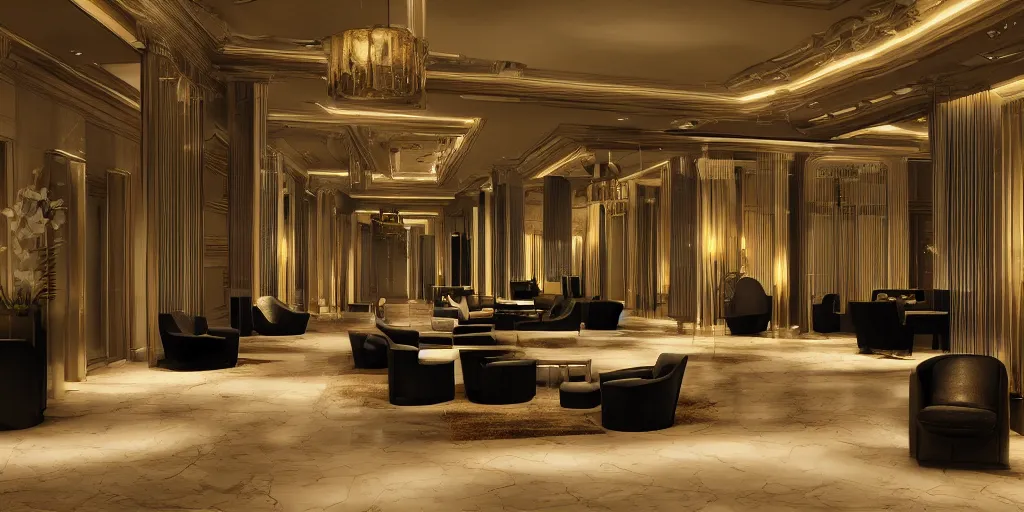 Prompt: inside view of a hotel, gold black color, unreal 5, hyperrealistic, realistic, photorealistic, dynamic lighting, highly detailed, cinematic landscape, studio landscape, studio lighting