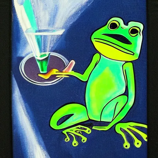 Image similar to art deco frog drinking absinthe on a spaceship