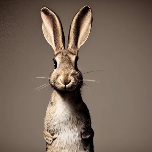 Prompt: rare classified photo, portrait, studio lighting, a tall skinny rabbit with human ear laughing