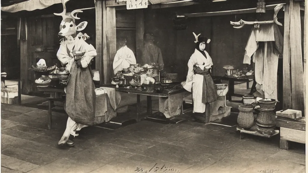 Image similar to 1 8 th century japanese street market in kyoto 1 9 0 0 s early photography portrait anthro anthropomorphic deer head animal person fursona wearing clothes street trader