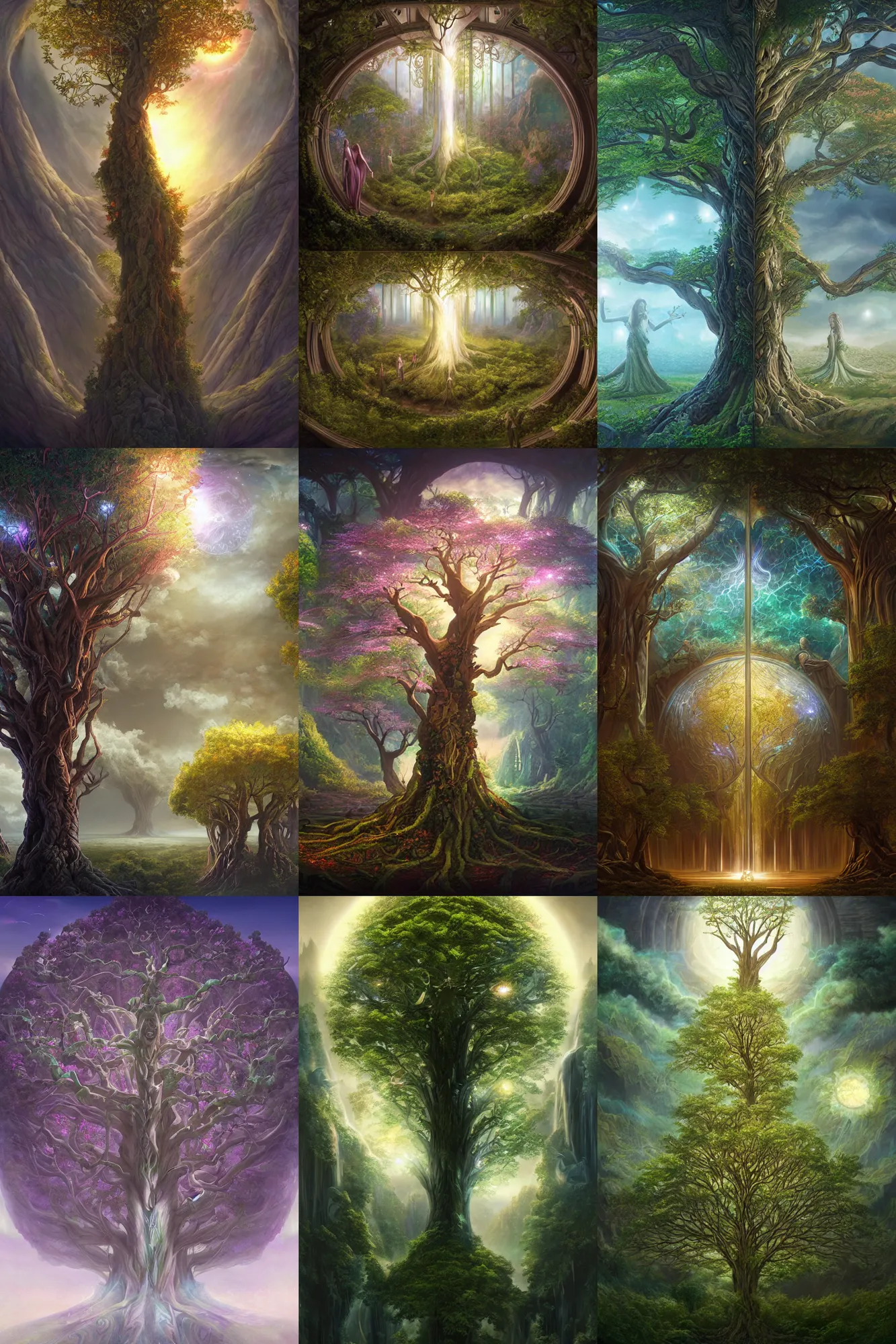 Prompt: tree of life, four seasons, volymetric light, highly detailed matte painting by ( ohrai ), charlie bowater and mark brooks