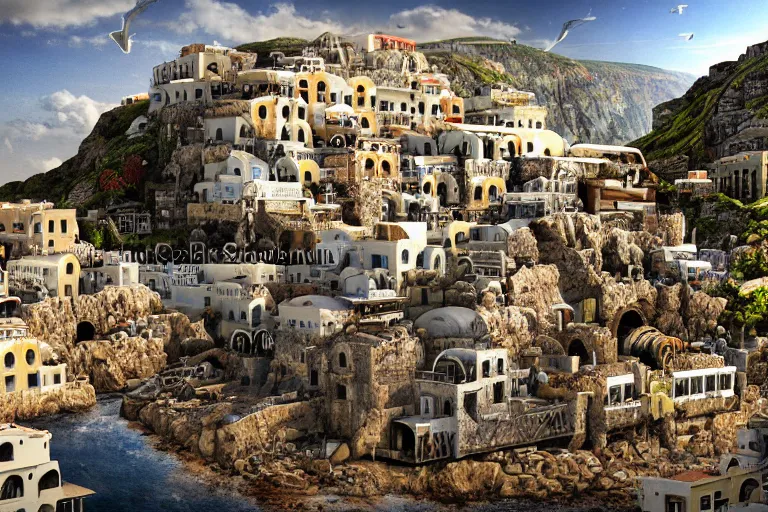 Image similar to grecian favela sculpture, urban shopping environment, industrial factory, cliffs, sunny, milky way, award winning art, epic dreamlike fantasy landscape, ultra realistic,