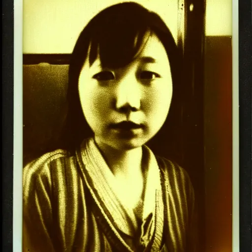 Image similar to polaroid of a young japanese woman on a train at night
