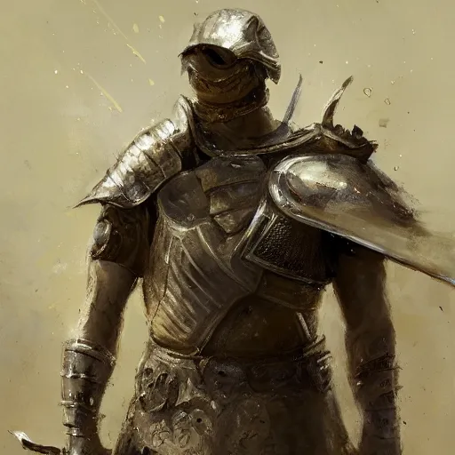 Image similar to portrait of a turtle as a mighty warrior wearing silver armor, holding sword, by craig mullins, jeremy mann.