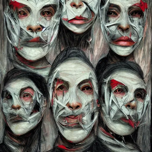 Prompt: multiple faces shredded like paper masks, horror, surreal, drawing, painting, oil painting