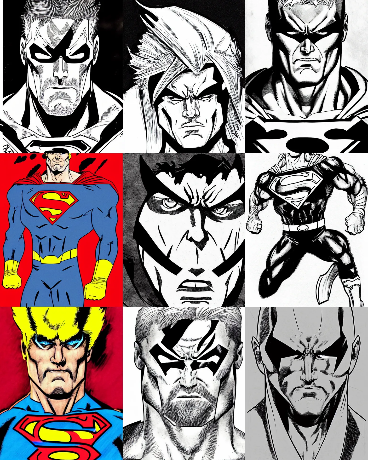 Prompt: hollywood hogan!!! jim lee!!! flat ink sketch by jim lee face close up headshot superman costume in the style of jim lee, x - men superhero comic book character by jim lee