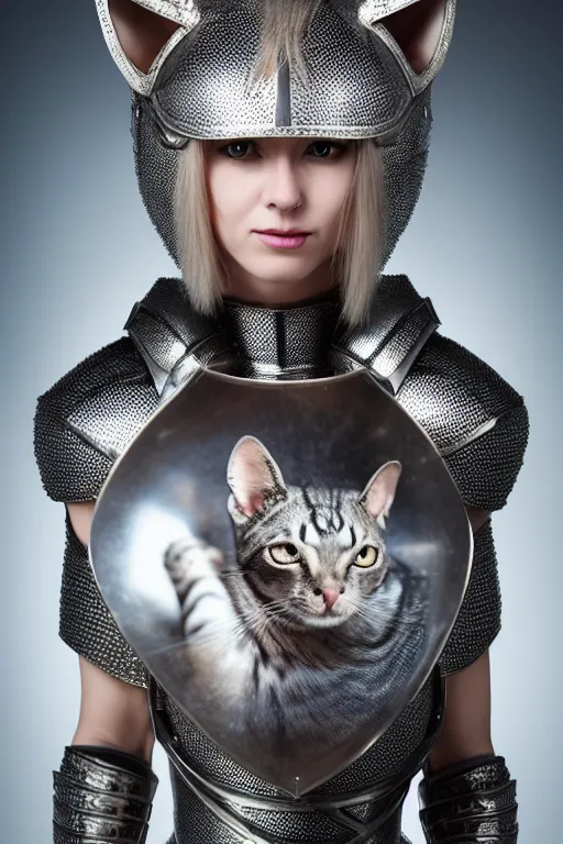 Image similar to female knight wearing a real cat on her head, armor designed by wayne barlowe, swarovski and tiffany, blonde hair, symmetry, sci - fi, cinematic, elegant, luxury, perfect light, perfect composition, dlsr photography, sharp focus, dark fantasy, 8 k, ultra hd, sense of awe, highly detailed, realistic, intricate