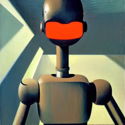 Image similar to a mesmerized robot staring at a computer screen, beams coming out of glowing eyes, portrait, pj crook, grant wood, edward hopper, syd mead, chiaroscuro, oil on canvas