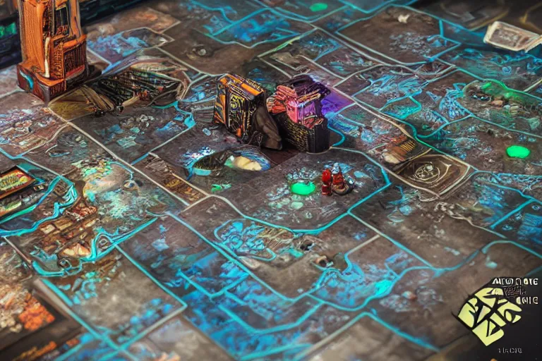 Image similar to an intricate 3D cyberpunk board game with figurines, cards and book around, beautiful illustrated map, photo realistic, artstation