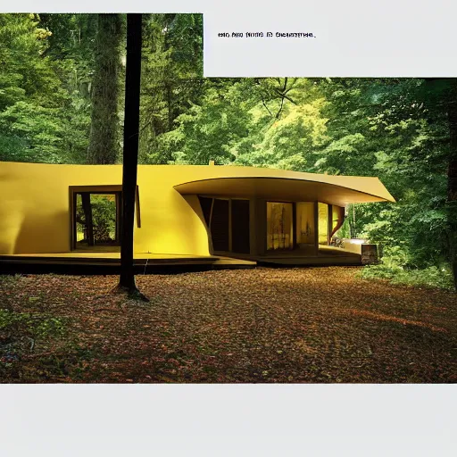 Image similar to architecture ad for a mid-century modern house in the middle of the forrest, designed by Frank Gehry. Film grain, cinematic, colorized, yellow hue