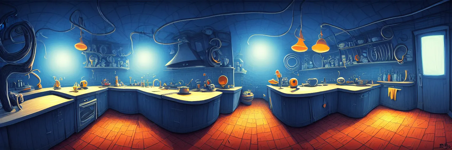 Prompt: night vision dark palette, fisheye spiral lines, naive, extra narrow, detailed illustration of a kitchen, large floor, octopus shaped by rhads from lorax movie, trending artstation, dark blue