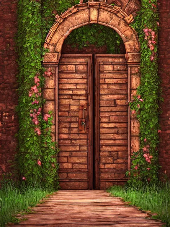 Prompt: professional digital art detailed old wood and rusted castle door entrance flowers with path outside cgsociety behance by Evgeny Lushpin