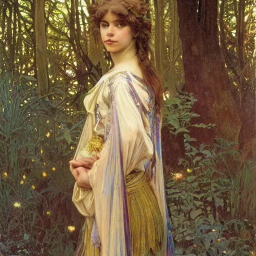 Image similar to a detailed, beautiful portrait oil painting of a girl who looks an 1 8 - year old, with a surprised expression, wearing intricate, full - plate iridescent armor in an ancient forest, by donato giancola, alphonse mucha, and john williams waterhouse