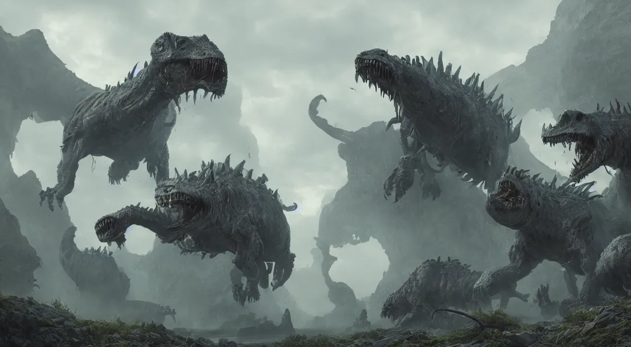 Image similar to technicolor glowing prehistoric beasts, surrounded by slate grey walls, insane details, dramatic lighting, unreal engine 5, concept art, greg rutkowski, james gurney, johannes voss, hasui kawase.