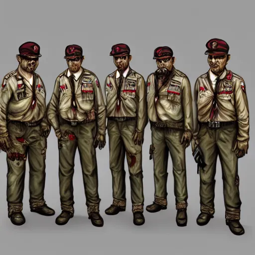 Image similar to zombie skin security officers beige uniform and caps trending on artstation high detail digital painting 4 k 8 k hd