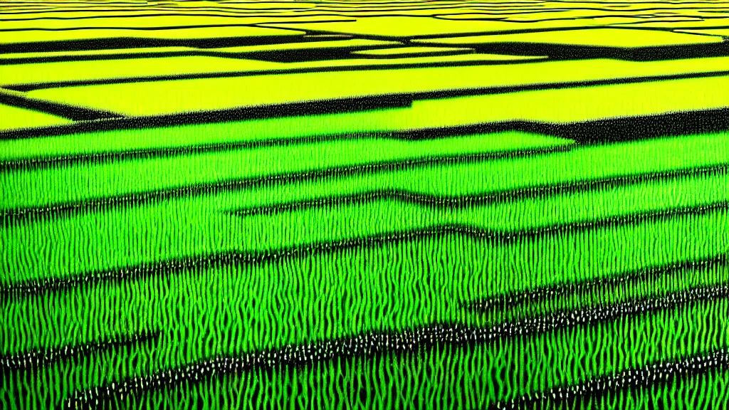 Prompt: a rice field in toyama city, japan, a collage painting, in the style of wes anderson, lola dupre, david hockney, isolated on negative white space background dark monochrome neon fluorescent spraypaint accents volumetric octane render