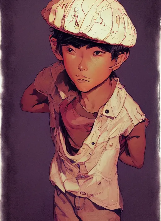 Image similar to prompt : portrait soft light painted by james jean and katsuhiro otomo and erik jones, inspired by akira anime, epic fantasy, a young dark skinned girl with short hair dressed as a boy in plain peasant clothing and a newsboy cap, intricate oil painting, high detail illustration, sharp high detail