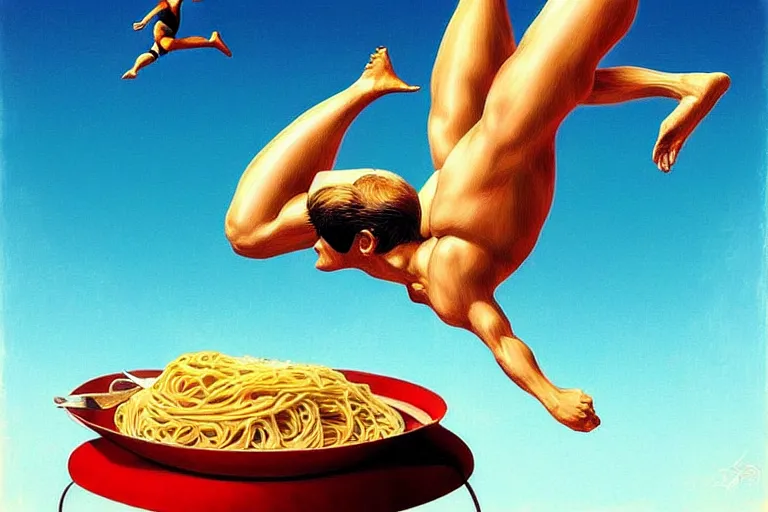 Image similar to olympic diving springoard, diver is diving head down into a dish of pasta, detailed surrealist art, artgerm