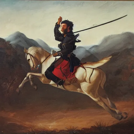 Image similar to large portrait oil on canvas of a man mounted on horseback black while raising a sword with his right hand pointed north, behind him in the vast distance 1 0 0 0 0 warriors can be seen fighting with swords and muskets, low light, cloudy, mountains in the foggy background,