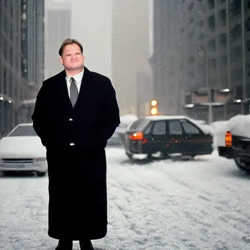 Prompt: 1 9 9 8 andy richter wearing a black wool coat over a black suit and necktie standing on the streets of chicago at night in winter.