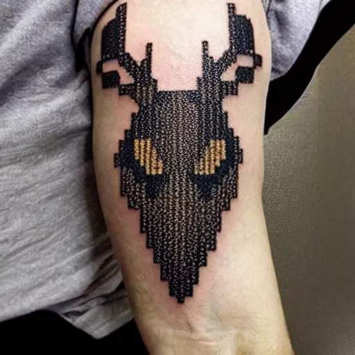 Prompt: dark geometric isometric pixel art crystaline stag head, tattoo on forearm