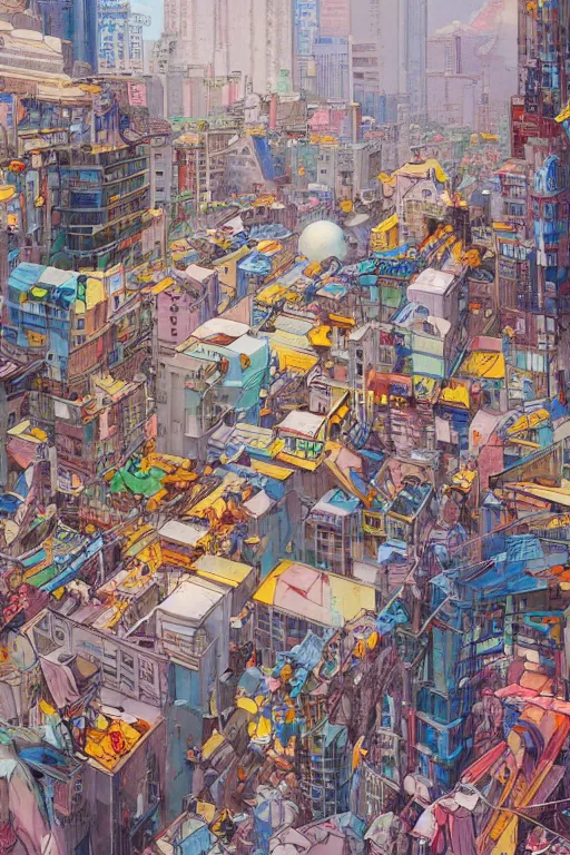 Prompt: people in a busy city surrounded by buildings covered in graffiti paint, james jean, painterly, yoshitaka amano, hiroshi yoshida, moebius, loish, painterly, and artgerm, illustration