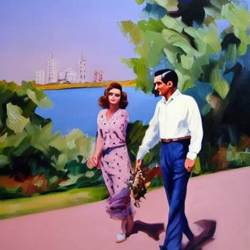 Image similar to an oil painting from a scene containing cary grant and kate hepburn in ‘ the philadelphia story. ’