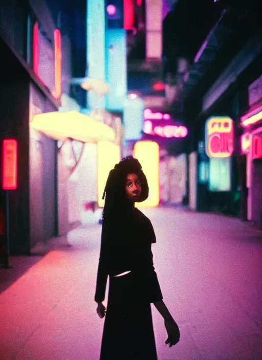 Prompt: A hyper realistic and detailed head portrait photography of a black hair, slim female on a futuristic street. by Annie Leibovitz. Neo noir style. Cinematic. neon lights glow in the background. Cinestill 800T film. Lens flare. Helios 44m