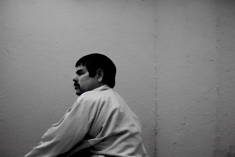 Image similar to el chapo is meditating in the middle of a prison cell. he has 8 wives. 35 mm