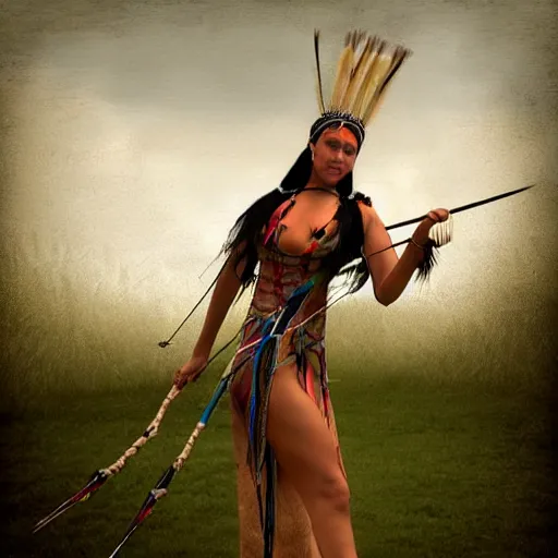 Prompt: a woman dressed in native american clothing holding a bow and arrow, a fine art painting by john clayton, deviantart, fantasy art, daz 3 d, mystical