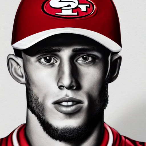 Prompt: Portrait of George Kittle wearing a San Francisco 49ers shirt, ultradetailed, studio lightning, trending on artstation, concept art