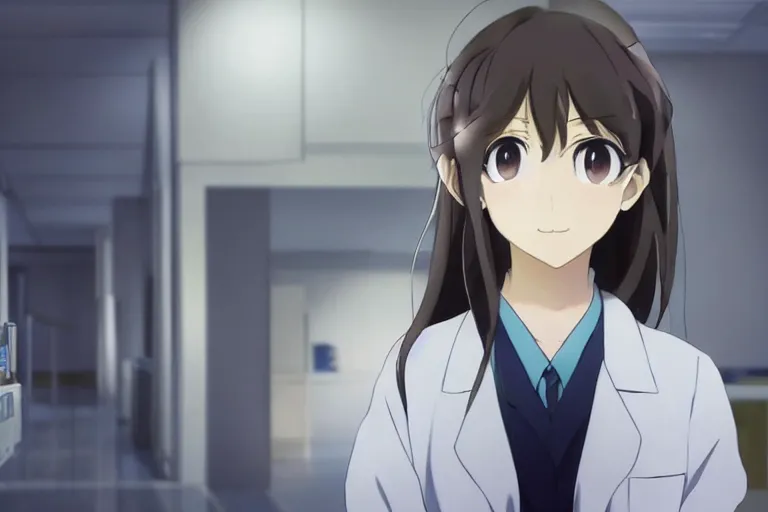 Image similar to a cute and beautiful young lady, a radiologist wearing white coat in a hospital ward, highly detailed, slice of life anime, anime scenery by Makoto shinkai