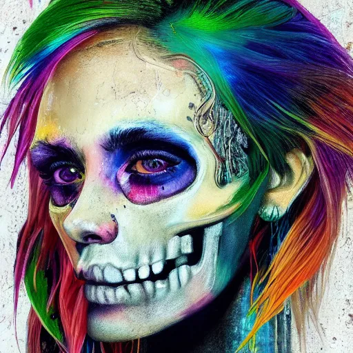 Prompt: mixed media painting of a grungy skull woman with rainbow hair, stitched together, soft eyes and narrow chin, dainty figure, torn overalls, short shorts, combat boots, basic white background, side boob, wet tshirt, wet, raining, portrait, extremely hyper - detailed, intricate, epic composition, trending on artstation, very detailed, masterpiece, stunning,