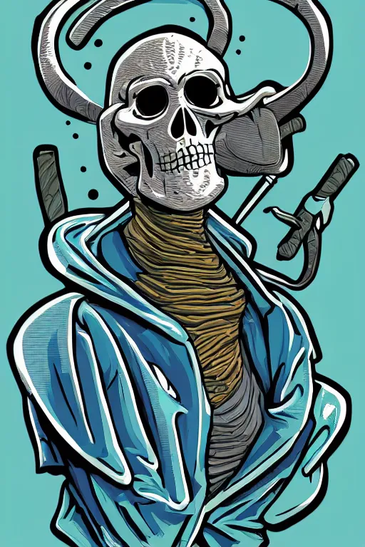 Prompt: portrait of a hipster skeletor, art by steve simpson, sticker, colorful, illustration, highly detailed, simple, smooth and clean vector curves, no jagged lines, vector art, smooth