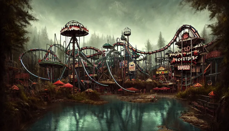 Image similar to michal karcz grunge painting of an amusement park, monster and horror theme. Monster-themed Grizzly River Run, detailed, elegant, intricate, 4k,