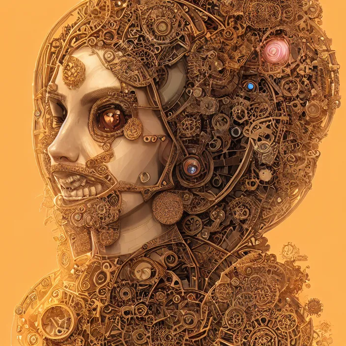 Prompt: beautiful smiling symmetrical face portrait android woman time machine axonometric mechanical fantasy intricate elegant highly detailed in volumetric void of latent space, lush flowers intricate jewellery, realm of the gods golden turquoise steampunk, axonometric high contrast cinematic light, mystical shadows, digital painting, sharp focus, octane render, photographic, concept art, artist leonardo davinci, unreal engine 8 k