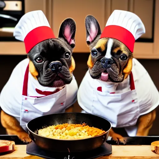 Image similar to a 8k highly detailed still photo by Anne Geddes of Two multi-colored French Bulldogs in chef hats and aprons starring on a cooking show