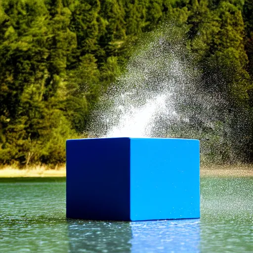 Prompt: a blue cube splashing into a turbulent lake