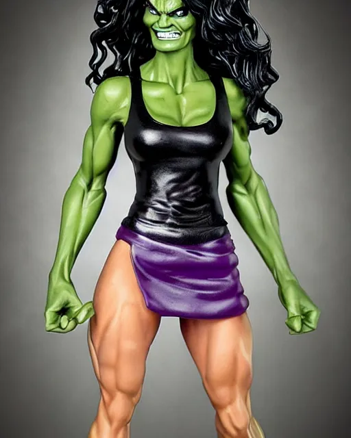 Image similar to cu of a maquette sculpture of angie harmon as the sensational she hulk, she is wearing a silk lace white top and a purple skirt, she is tall, very fit and extremely muscular, she has green skin all over her body, long black shiny hair, hyperreal, highly detailed, in the style of sideshow collectibles, the hulk, marvel, soft focus, bokeh